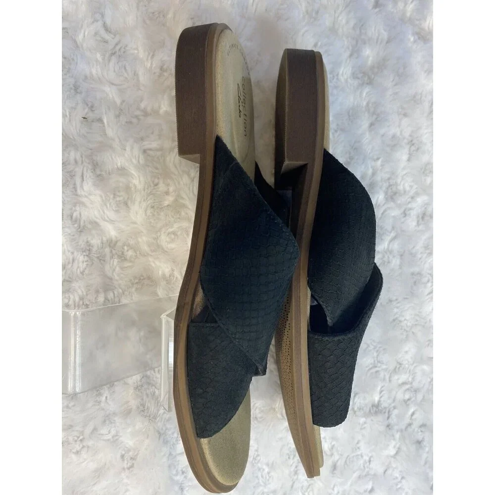 Clark’s Size 8 Flat Womens Slip On Sandals Black Faux Suede Muted Snakeskin - Picture 4 of 7